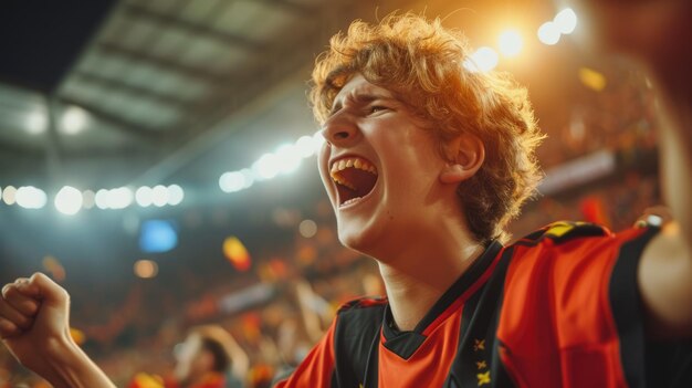 Photo un homme excité présentant des vêtements de sport colorés à une foule enthousiaste