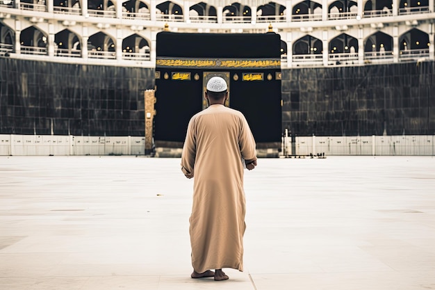 Photo homme exécutant le hajj devant kaabah