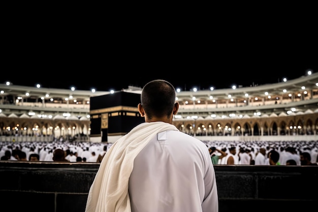 Photo homme exécutant le hajj devant kaabah