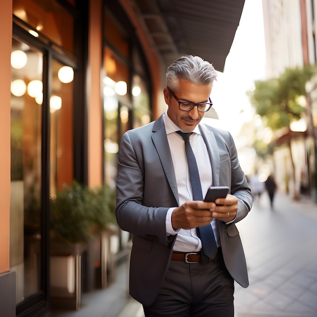 Homme exécutif d'âge moyen portant un costume utilisant son smartphone dans la rue en plein jour