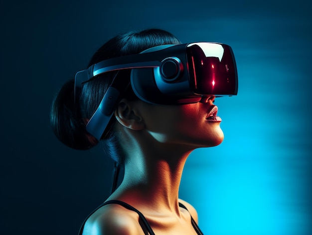 Homme d'expérience de réalité virtuelle immergé dans un environnement VR orange néon