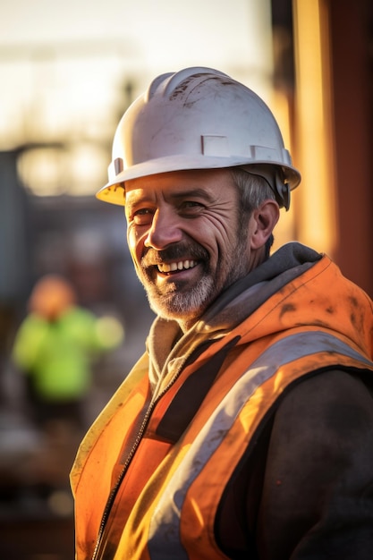 Un homme expérimenté souriant travaillant sur un chantier