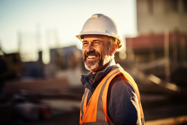 Un homme expérimenté souriant travaillant sur un chantier