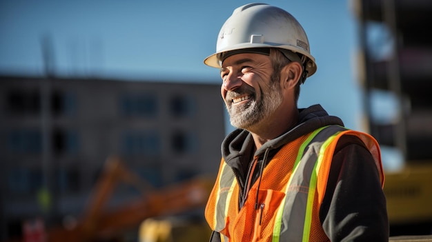 Un homme expérimenté souriant travaillant sur un chantier