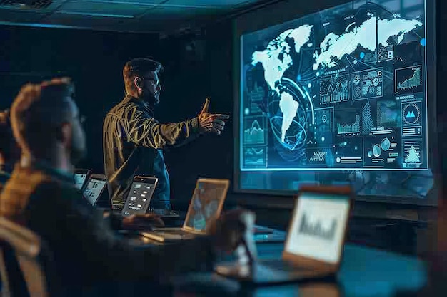 Un homme un expert en cybersécurité donnant une présentation sur la cybersécuité à un groupe de personnes un expert en cyber-sécurité donnant une présentations sur les cyber-menaces
