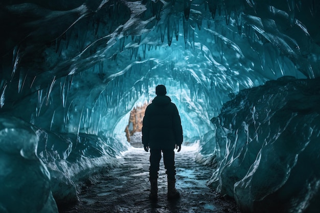 Homme explorant une étonnante grotte glaciaire en Islande