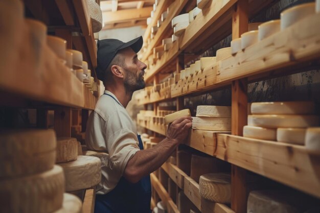 Homme fabricant de fromage homme d'affaires entrepreneur individuel vérifie le fromage dans la cave du sous-sol