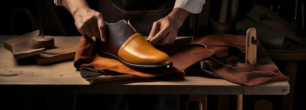 Photo homme fabriquant des chaussures en cuir sur sa chaise en bois generative ai