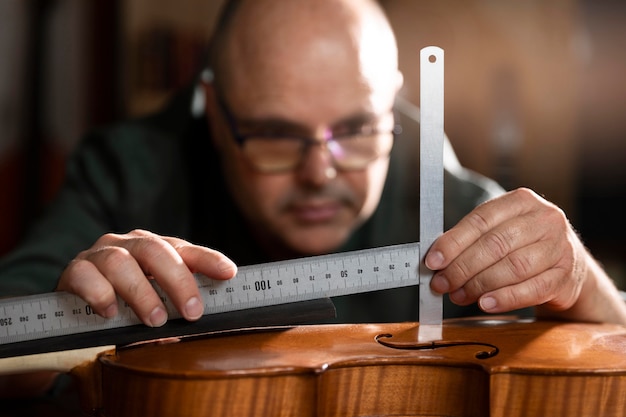 Photo homme fabriquant des instruments dans son atelier seul