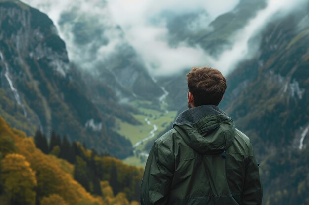 Homme face à une chaîne de montagnes majestueuse