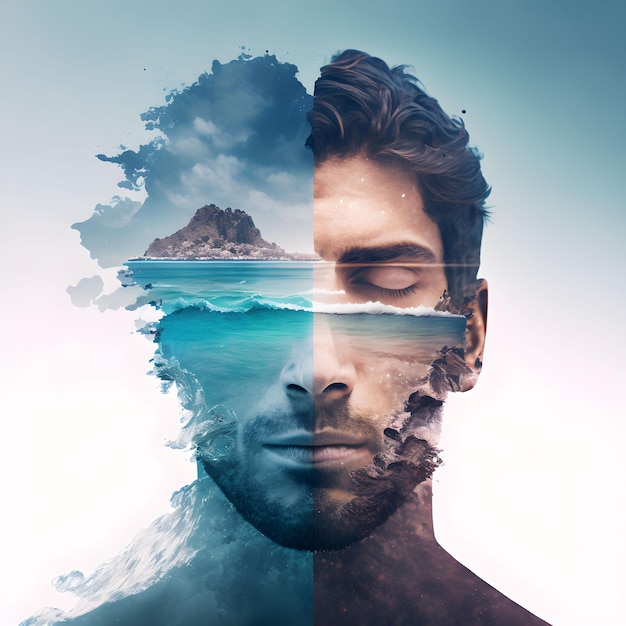 Homme face à la mer et à la plage IA générative Eau naturelle et thème de l'océan Effet de double exposition de la nature