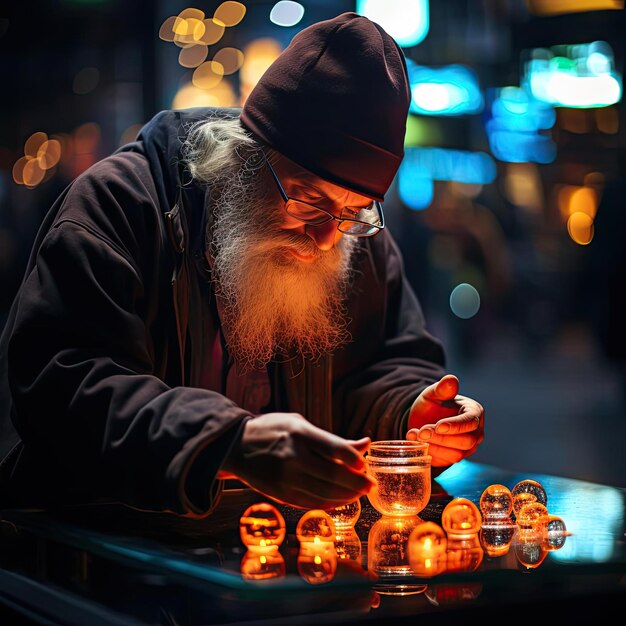 Photo un homme faisant des bougies avec des éléments religieux et artistiques