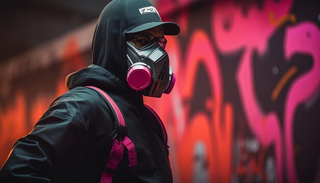 Homme faisant du graffiti cyberpunk avec de la peinture en aérosol dans la rue