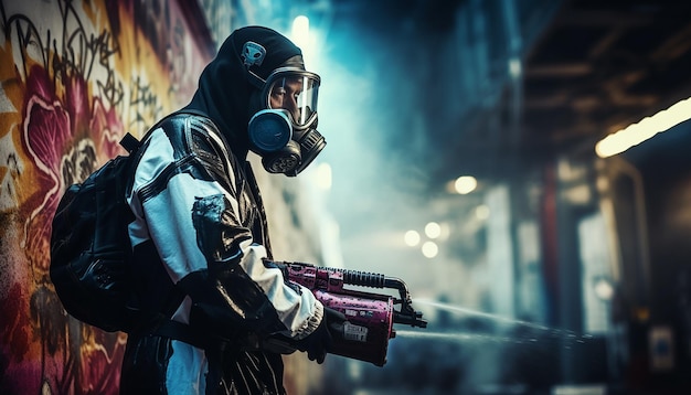 Homme faisant du graffiti cyberpunk avec de la peinture en aérosol dans la rue