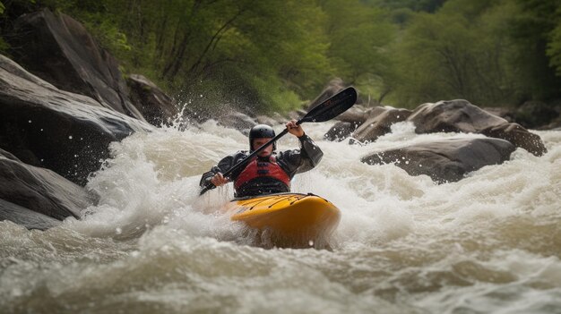 Un homme faisant du kayak dans une rivière avec un kayak en arrière-plan