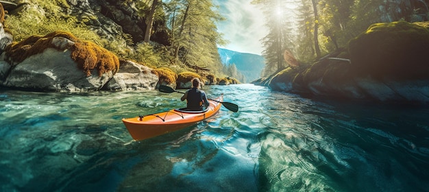 Un homme faisant du kayak dans une rivière avec une scène de montagne en arrière-plan.