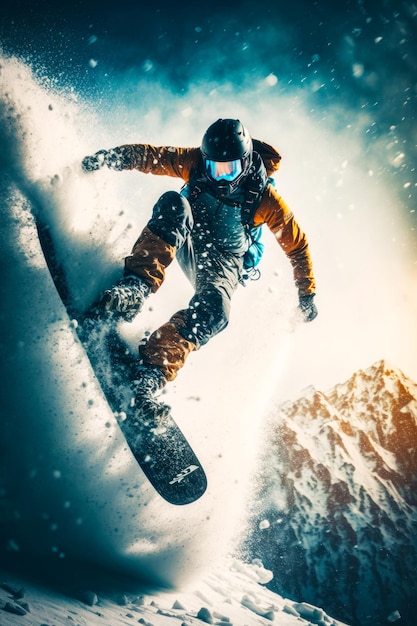 Photo homme faisant du snowboard sur le flanc d'une pente couverte de neige generative ai