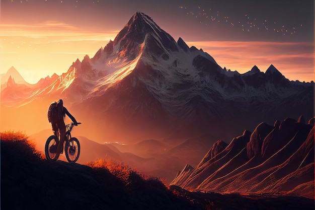 Un homme faisant du vélo sur une colline au coucher du soleil épique illustration de style d'art numérique AI