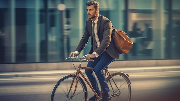 Un homme faisant du vélo devant un immeuble