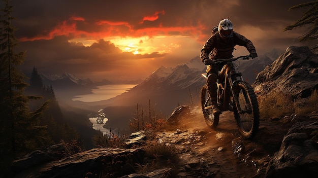 Homme faisant du vélo de montagne au coucher du soleil