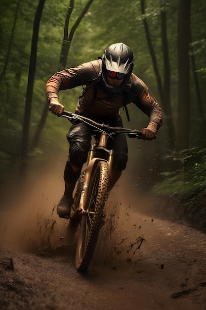 Un homme faisant du vélo de montagne dans les bois avec un casque et un casque.