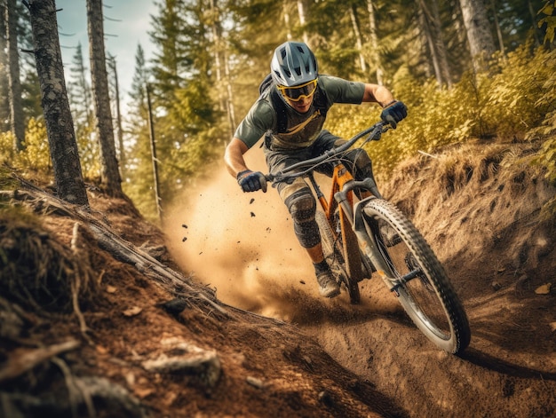 Un homme faisant du vélo de montagne dans les bois avec le mot vtt sur le devant.