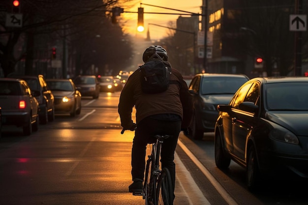 Un homme faisant du vélo avec un sac à dos à l'arrière de la tête.