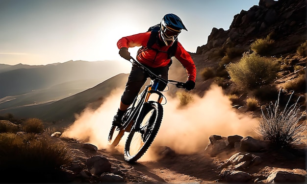 Homme faisant du vélo sur un sentier de montagne isolé