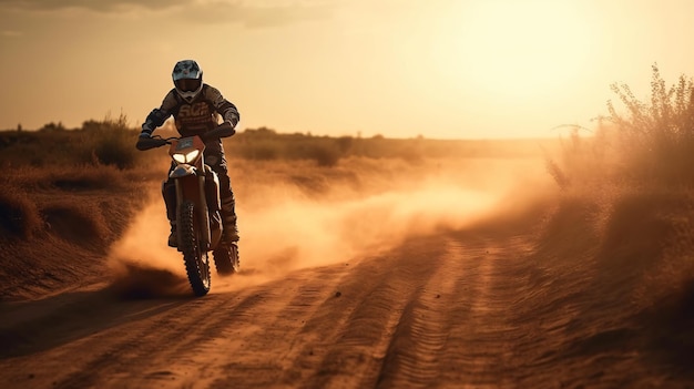 Un homme faisant du vélo tout-terrain dans le désert avec le soleil se couchant derrière lui.