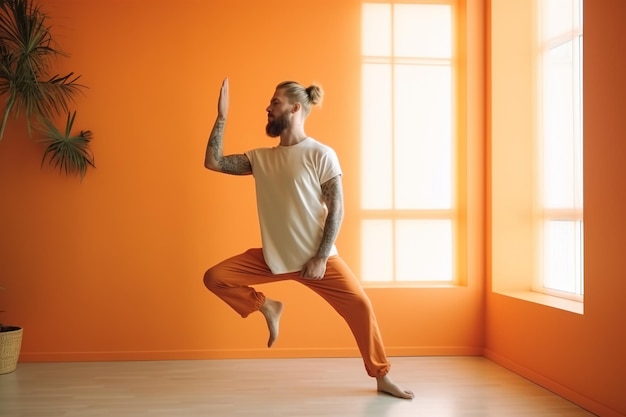 Un homme faisant du yoga dans une salle orange.