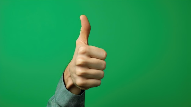 Photo homme faisant un geste de pouce heureux avec la main sur l'espace de fond vert