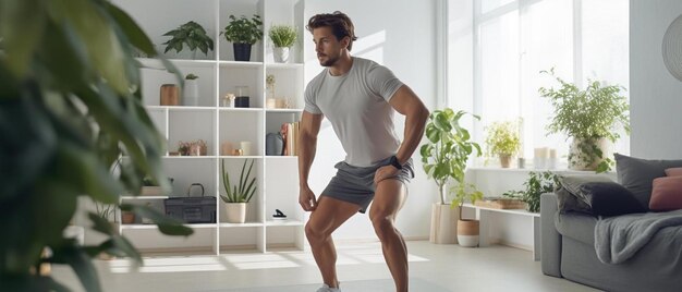 un homme faisant des pompes dans une pièce avec des plantes et des plantes