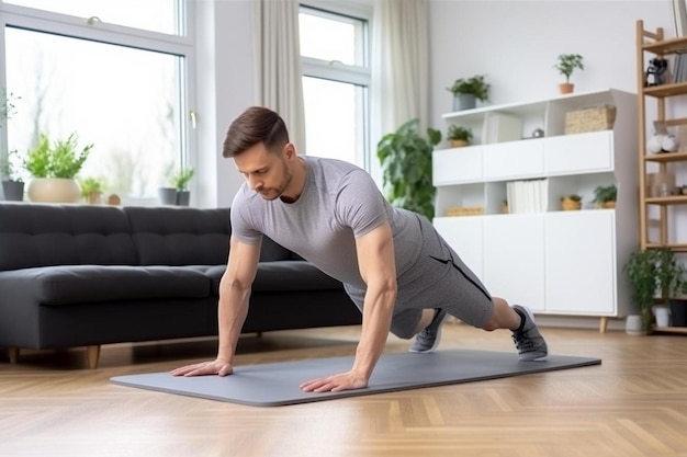 un homme faisant des pompes sur un tapis dans un salon