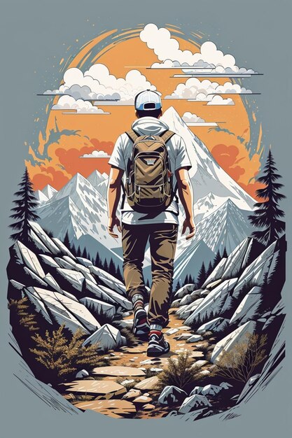 Photo un homme faisant une randonnée à travers les montagnes t-shirt design streetwear design pro vector full desig