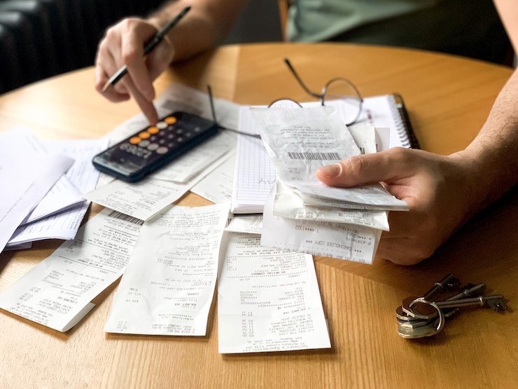 Photo l'homme fait l'audit des dépenses du ménage en utilisant une calculatrice et un bloc-notes beaucoup de reçus et de factures.