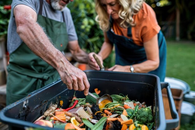 Un homme fait du compost à partir des restes de cuisine.