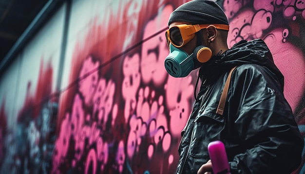 Photo un homme fait du graffiti cyberpunk avec de la peinture en spray dans la rue