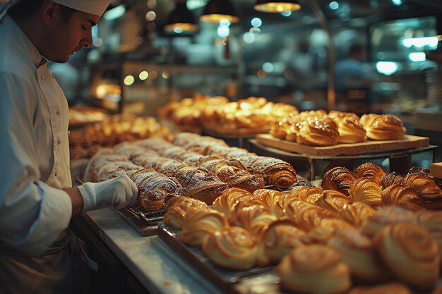 Un homme fait du pain frais et le vend devant un délicieux magasin dans un fond flou de boulangerie