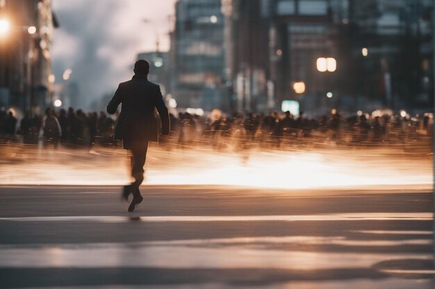 Un homme fait du skateboard dans une rue avec un flou de gens en arrière-plan.