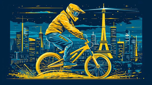 Un homme fait du vélo dans une ville avec un casque jaune