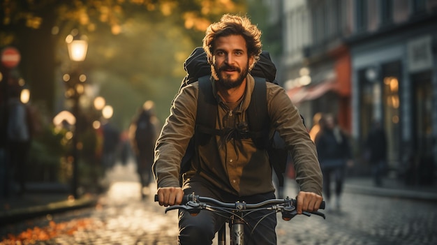 Photo l’homme fait du vélo dans la ville