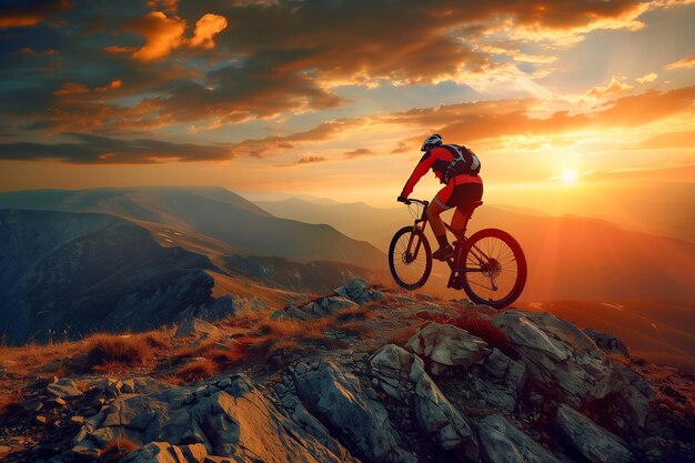 Un homme fait du vélo sur une montagne avec un beau coucher de soleil en arrière-plan