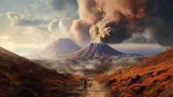 Photo un homme fait du vélo sur un sentier devant un volcan