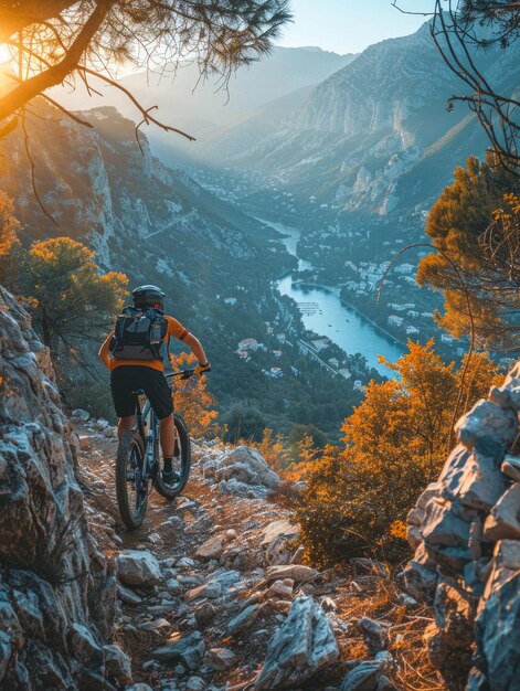 Un homme fait du vélo sur un sentier de montagne. Le sentier est rocheux et escarpé et l'homme porte un casque.