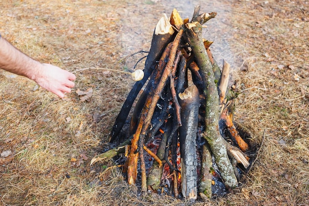 Un homme fait frire des champignons sur un fond d'herbe sur un feu de camp dans la forêt de printemps