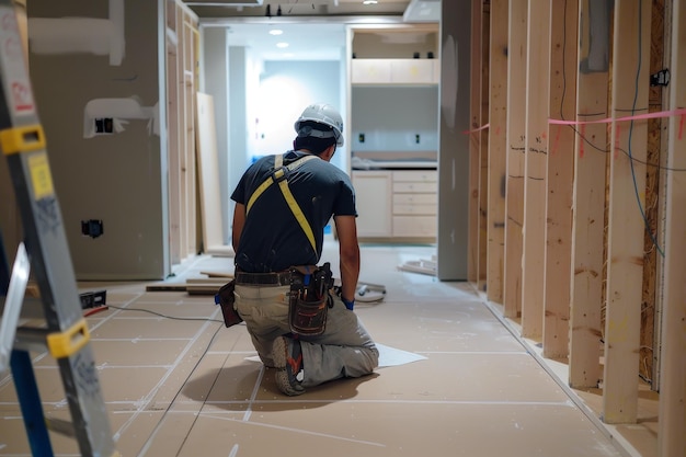 Un homme fait une garde-robe dans un vestiaire Le maître répare le placard