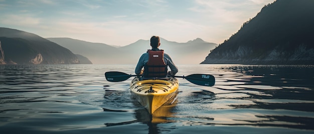 Un homme fait gracieusement du kayak sur la surface calme de l'eau Generative AI