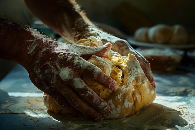 Un homme fait de la pâte avec ses mains.