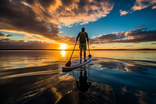 Un homme fait de la planche à rames au coucher du soleil.