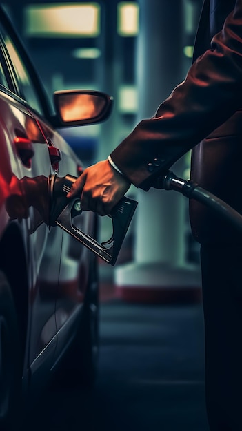 Un homme fait le plein d'essence dans sa voiture.